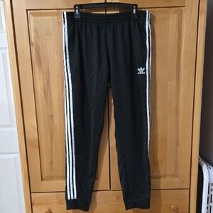 Adidas Men's Black Joggers with White Stripes